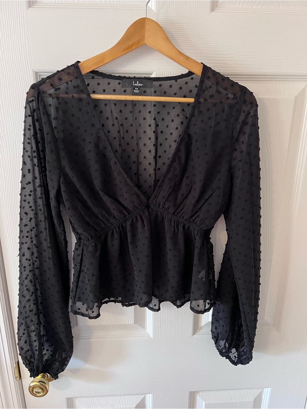 Lulus Got The Love Black Swiss Dot Balloon Sleeve Peplum Top Blouse Sheer V-Neck